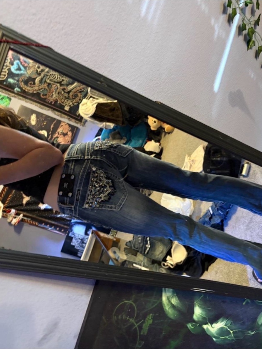 Real Vintage Miss Me Dark Blue Bootcut Jeans with y2k Rhinestone Pocket
